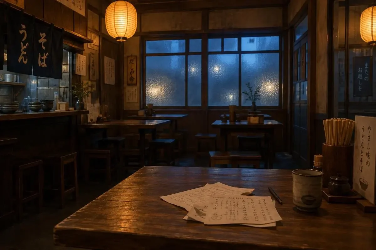深夜老城区小面馆，暖黄纸灯笼照着木桌上的热汤面，窗外下着雨